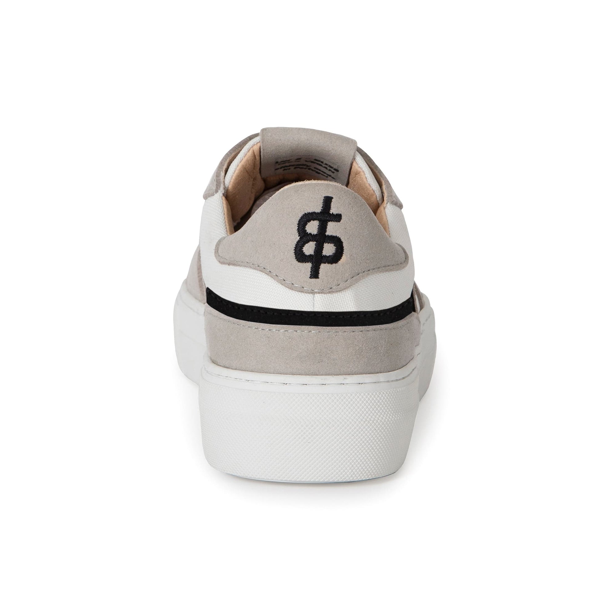 Back view of the grey black and white Franco sneaker by Trash Planet, which is made from recycled trash, including waste water bottles and waste fruit