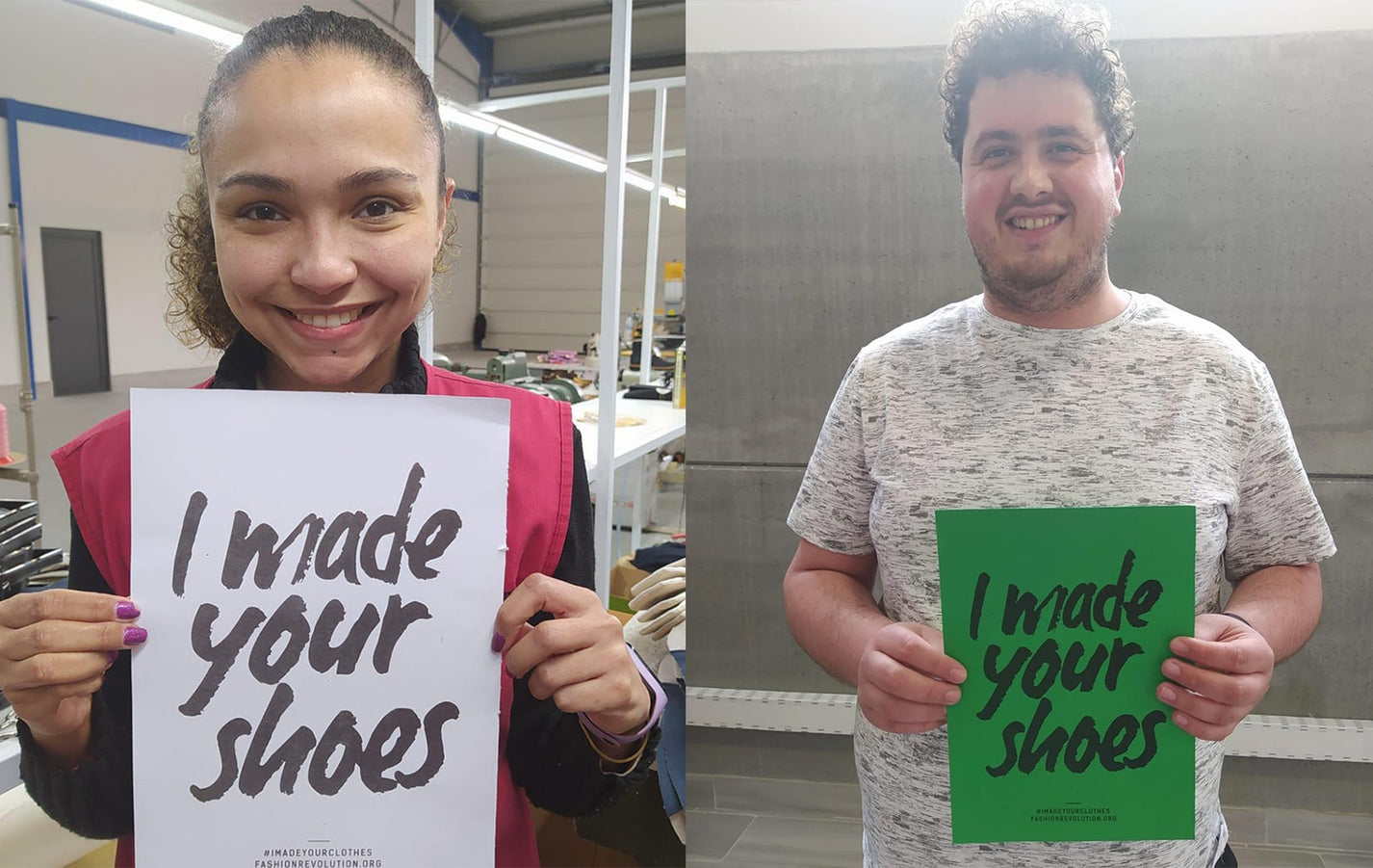 Two people in the factory where Trash Planet manufactures vegan recycled trainers and sneakers holding up Fashion Revolution 'I Made Your Shoes' posters