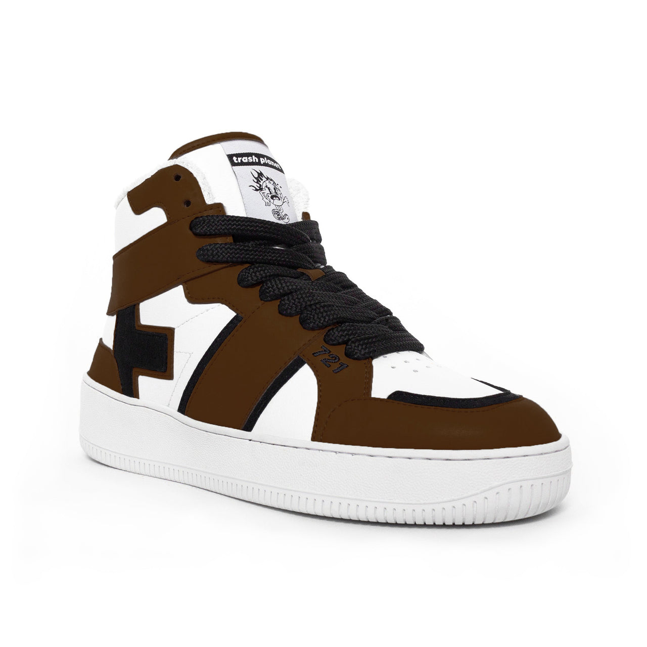 Side view of a recycled vegan corn leather Brown High Top sneaker with black and white details by Trash Planet