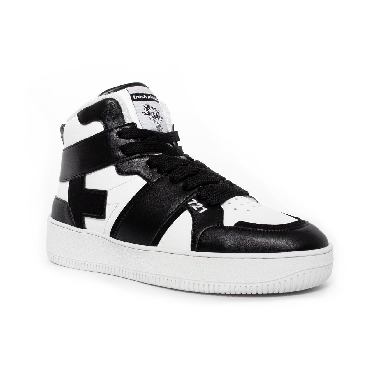 Side view of a recycled vegan corn leather Black High Top sneaker by Trash Planet
