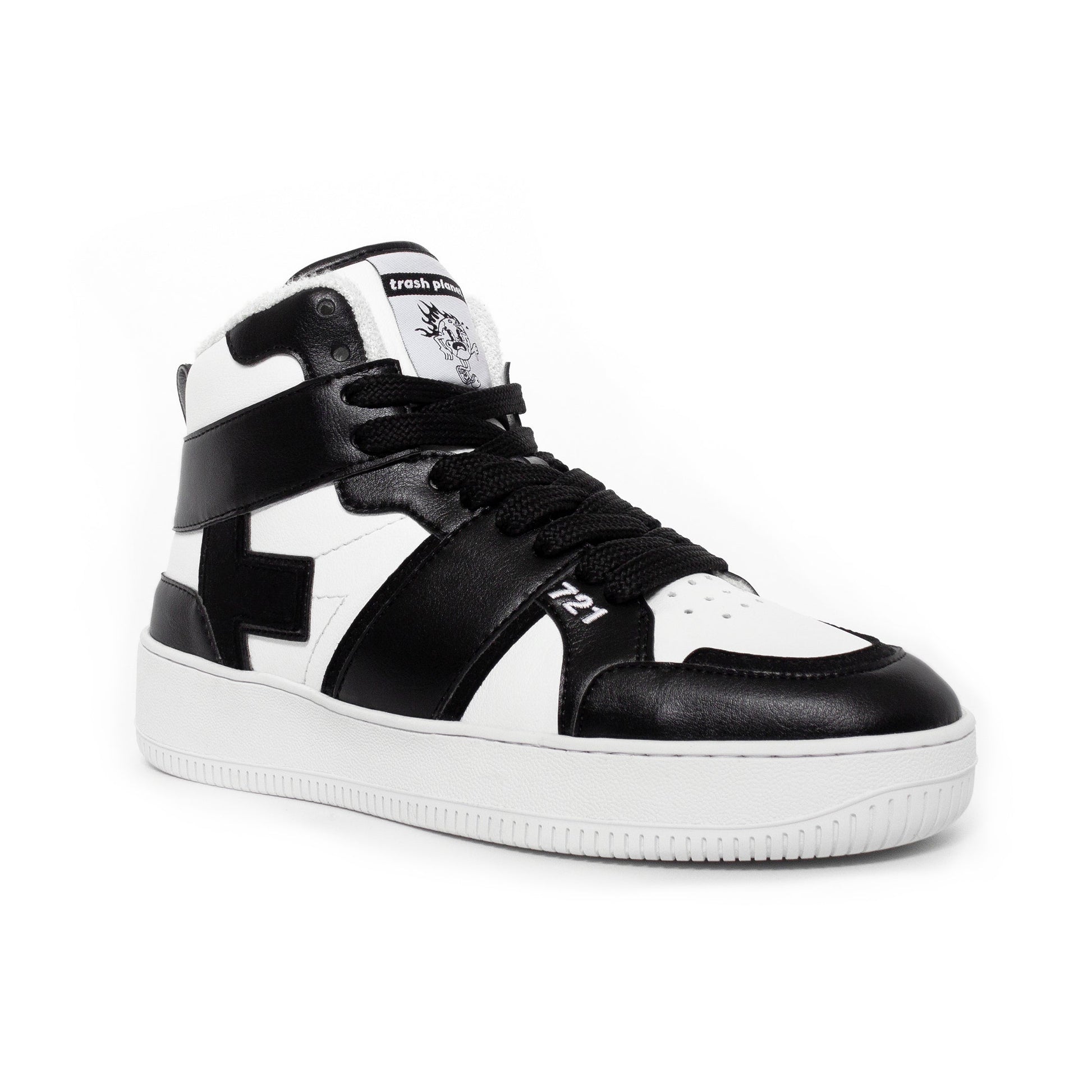 Angled view of a recycled vegan corn leather Black and White High Top sneaker by Trash Planet