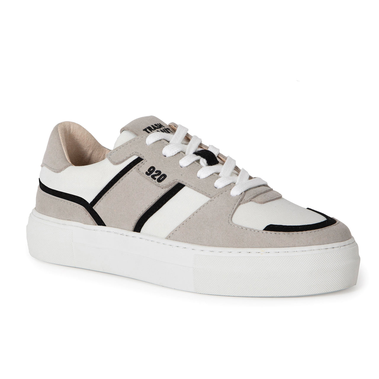 Skater style vegan sneaker in a grey, black, and white colourway made from recycled plastic bottles, ocean plastic and fruit and vegetable materials