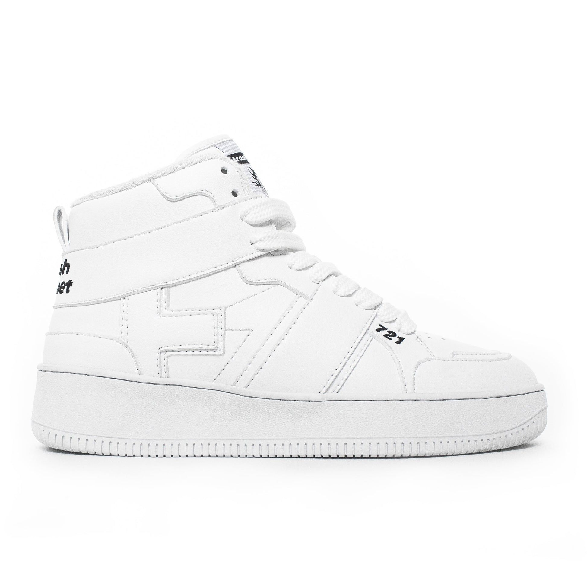 Side view of a recycled vegan corn leather White High Top sneaker by Trash Planet